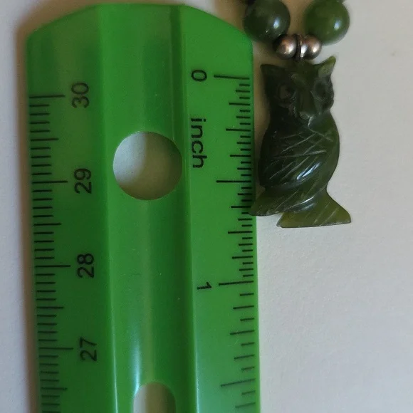 Carved Owl Sterling Silver Green Pendant Necklace - Picture 11 of 11